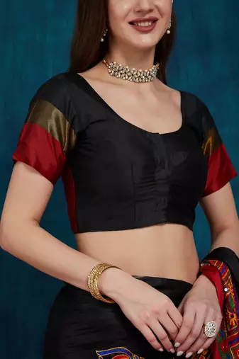 black cotton silk kutchi work saree with unstitched blouse