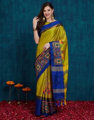 olive cotton silk kutchi work saree with unstitched blouse 1