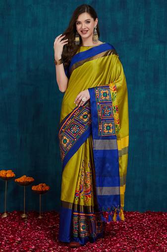 olive cotton silk kutchi work saree with unstitched blouse