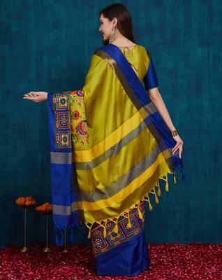 olive cotton silk kutchi work saree with unstitched blouse 2
