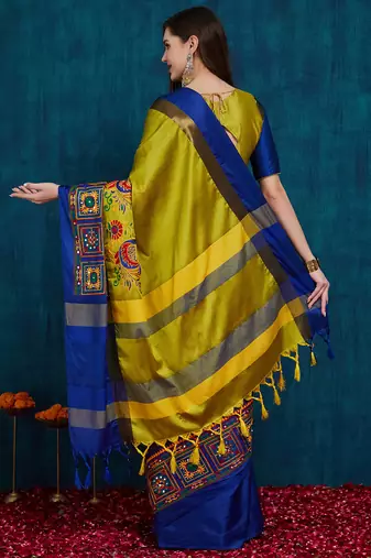 olive cotton silk kutchi work saree with unstitched blouse