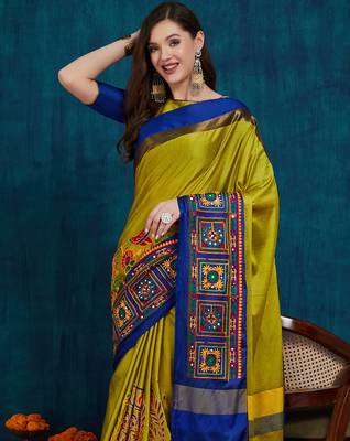 olive cotton silk kutchi work saree with unstitched blouse 3