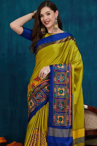 olive cotton silk kutchi work saree with unstitched blouse