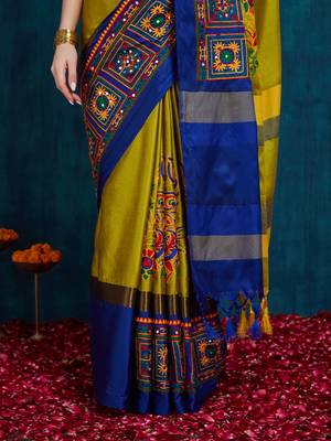 olive cotton silk kutchi work saree with unstitched blouse 4
