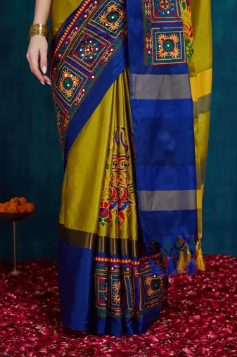 olive cotton silk kutchi work saree with unstitched blouse