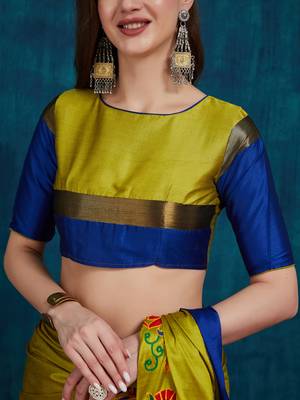 olive cotton silk kutchi work saree with unstitched blouse 5