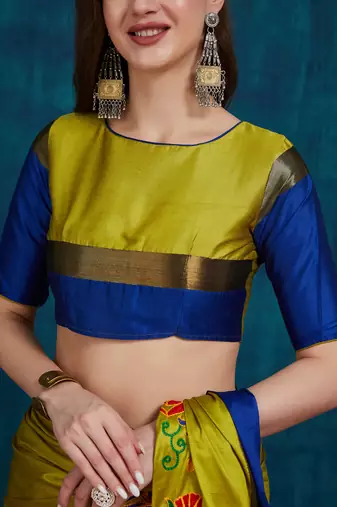 olive cotton silk kutchi work saree with unstitched blouse