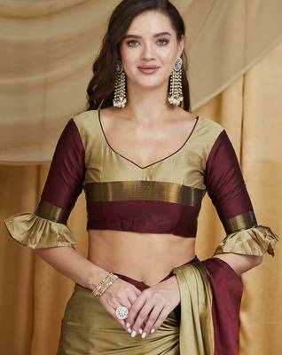 Riva enterprise women's cotton silk solid print saree with blouse 5
