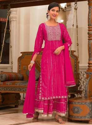 Pink cotton  stiched sharara suit with dupatta zari embroidry in yoke and  border & lace work in sharara 1