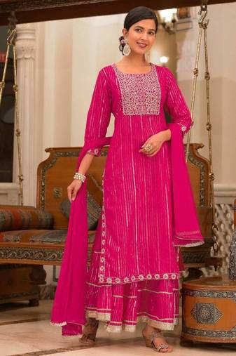 Pink pure cotton  stiched sharara suit with dupatta zari embroidry in yoke and  border & lace work in sharara