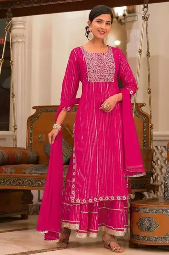 Pink cotton  stiched sharara suit with dupatta zari embroidry in yoke and  border & lace work in sharara