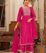 Pink cotton  stiched sharara suit with dupatta zari embroidry in yoke and  border & lace work in sharara
