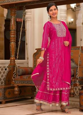 Pink cotton  stiched sharara suit with dupatta zari embroidry in yoke and  border & lace work in sharara 2