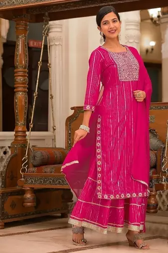 Pink cotton  stiched sharara suit with dupatta zari embroidry in yoke and  border & lace work in sharara