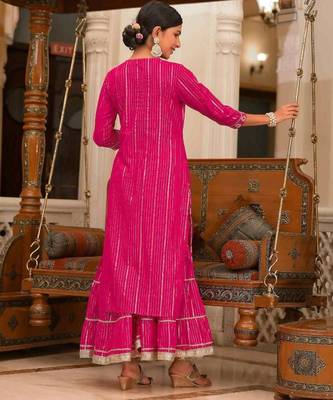 Pink cotton  stiched sharara suit with dupatta zari embroidry in yoke and  border & lace work in sharara 3