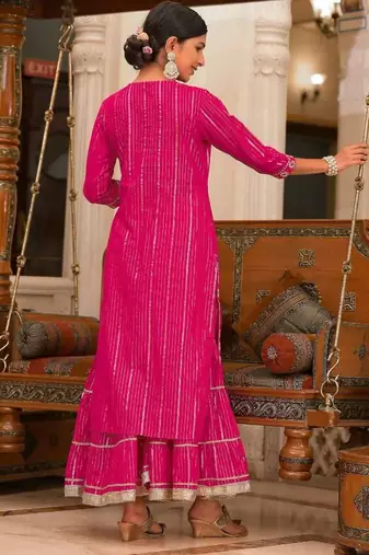 Pink cotton  stiched sharara suit with dupatta zari embroidry in yoke and  border & lace work in sharara