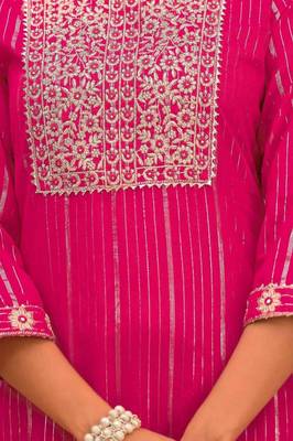 Pink cotton  stiched sharara suit with dupatta zari embroidry in yoke and  border & lace work in sharara 4