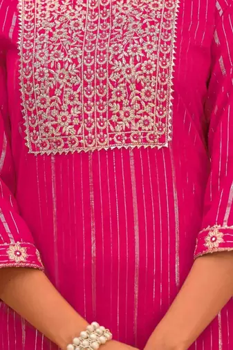 Pink cotton  stiched sharara suit with dupatta zari embroidry in yoke and  border & lace work in sharara