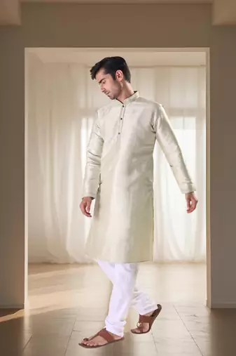 Fawn silk kurta with churidar traditional ethnic wear