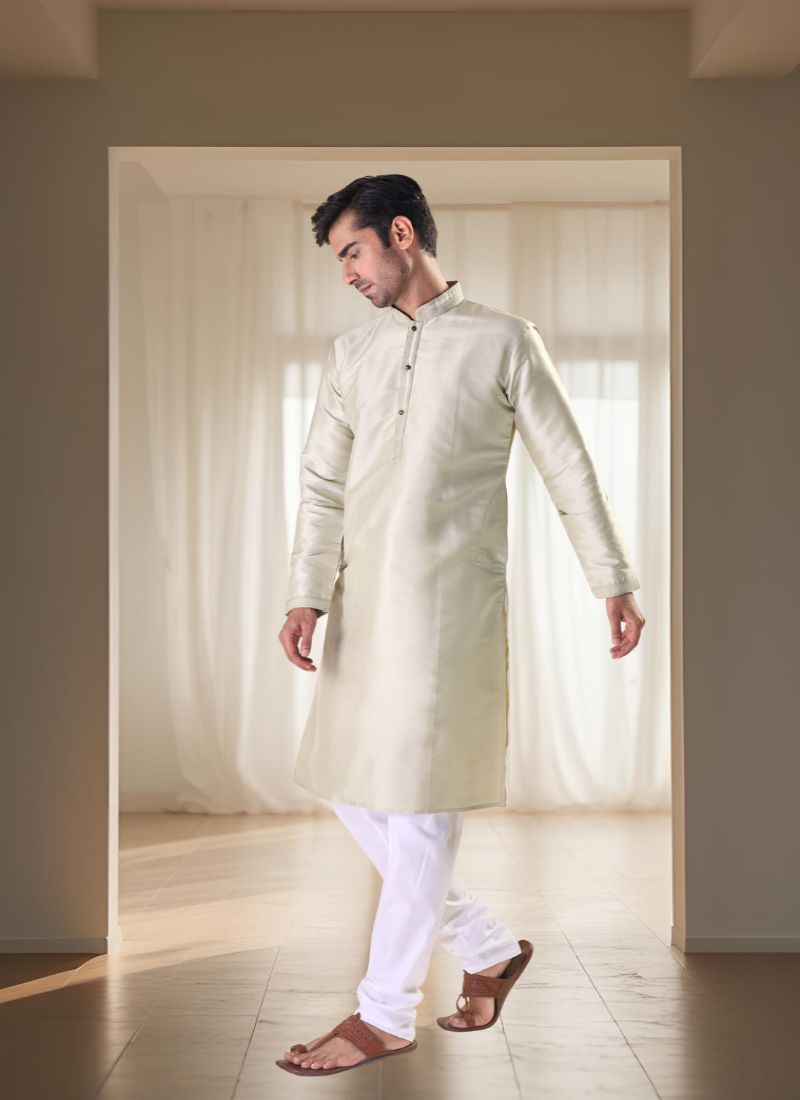 Fawn silk kurta with churidar traditional ethnic wear