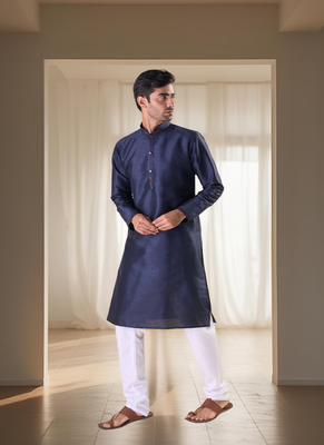 Navy blue silk kurta set for men's 1