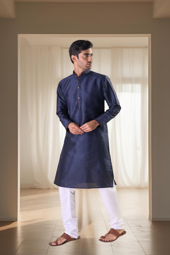Navy blue silk kurta set for men's