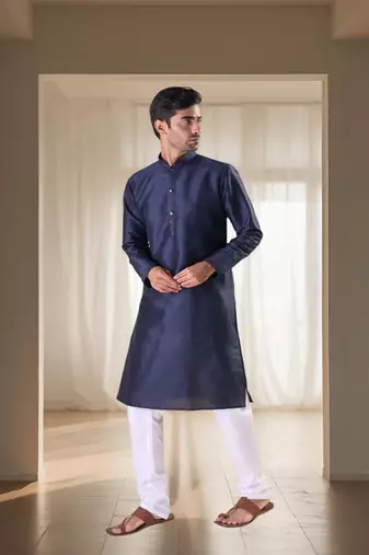 Navy blue silk kurta set for men's