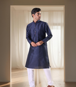 Navy blue silk kurta set for men's