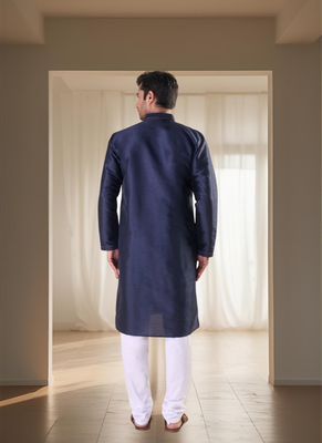 Navy blue silk kurta set for men's 2