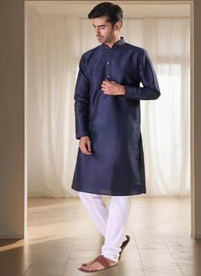 Navy blue silk kurta set for men's 4