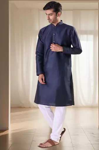Navy blue silk kurta set for men's