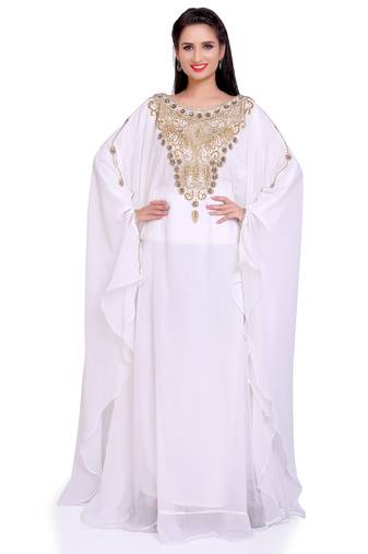 Elegant White & Gold Embellished Stitched Handwork Kaftan – Royal Style for Every Occasion