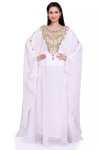 Elegant White & Gold Embellished Stitched Handwork Kaftan – Royal Style for Every Occasion