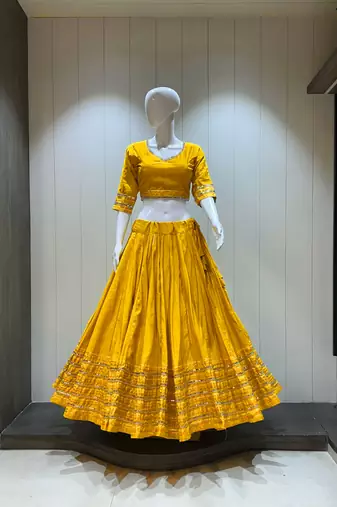 Traditional Roman Silk Yellow Gota Lace Lehenga Choli