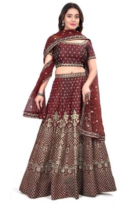 Maroon sequins and dori embroidered satin silk semi stitched lehenga choli 1