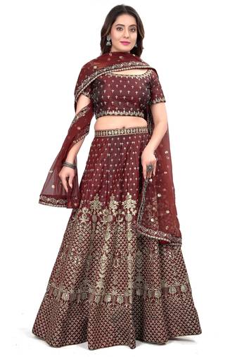 Maroon sequins and dori embroidered satin silk semi stitched lehenga choli