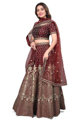 Maroon sequins and dori embroidered satin silk semi stitched lehenga choli 2