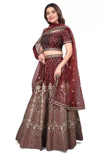 Maroon sequins and dori embroidered satin silk semi stitched lehenga choli