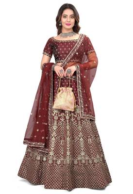 Maroon sequins and dori embroidered satin silk semi stitched lehenga choli 3