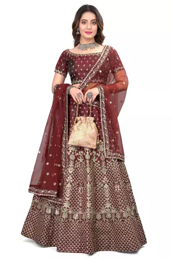 Maroon sequins and dori embroidered satin silk semi stitched lehenga choli