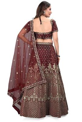 Maroon sequins and dori embroidered satin silk semi stitched lehenga choli 4