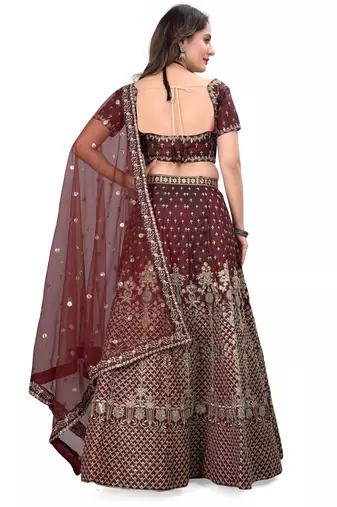Maroon sequins and dori embroidered satin silk semi stitched lehenga choli