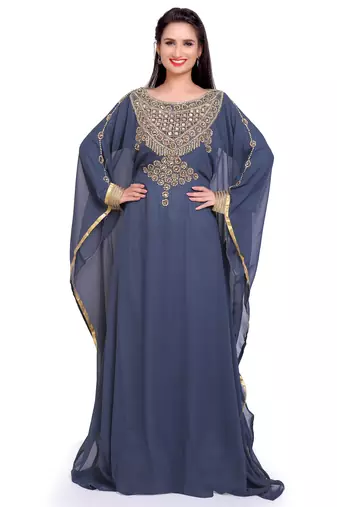 Elegant Navy Blue Stitched Kaftan with Golden Handwork Embellishments – Royal & Graceful