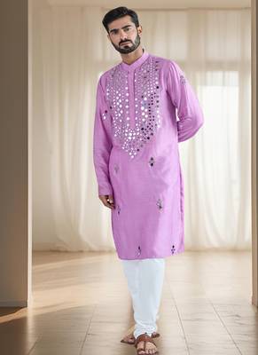Purple mirror embroidery silk kurta sets for men's 1