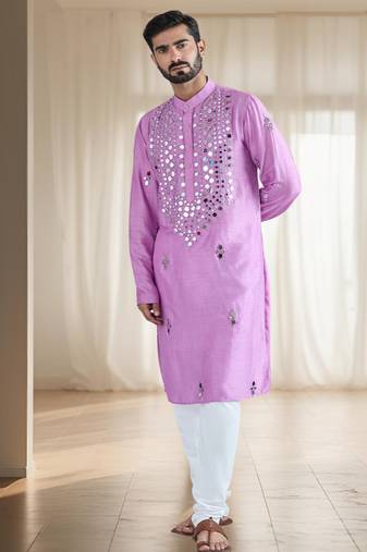 Purple mirror embroidery silk kurta sets for men's