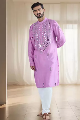 Purple mirror embroidery silk kurta sets for men's