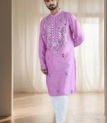 Purple mirror embroidery silk kurta sets for men's