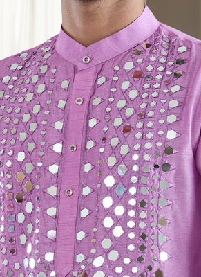 Purple mirror embroidery silk kurta sets for men's 2