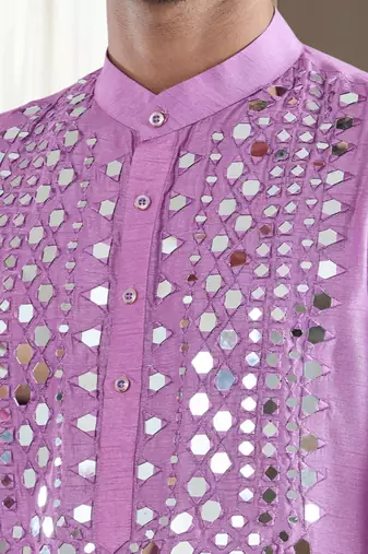 Purple mirror embroidery silk kurta sets for men's