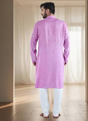 Purple mirror embroidery silk kurta sets for men's 3